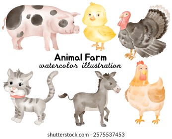 Delightful Watercolor Farm Animal Illustrations: Hand-Painted Clip Art Featuring Pig, Chick, Turkey, Cat, Donkey, and Hen for Creative Designs, Farm-Themed Projects, and Countryside Art