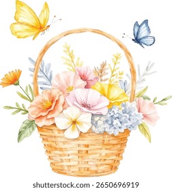 A delightful watercolor illustration features a woven basket filled with a vibrant assortment of pastel flowers and greenery, all isolated on a transparent background.