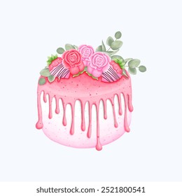 A delightful watercolor strawberry cake illustration with pink tones and sweet berries. This hand drawn cake art is ideal for bakery designs, dessert menus, or any creative food-related project.