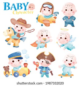 A delightful watercolor-style illustration featuring adorable babies dressed as various characters, including a cowboy, pilot, businessman, superhero, angel, train conductor, pirate, and skateboarder.