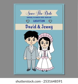 Una encantadora tarjeta de ceremonia de boda con una novia y un novio de dibujos animados, sobre un fondo azul claro con un borde gris. Ideal para anuncios de bodas e invitaciones.