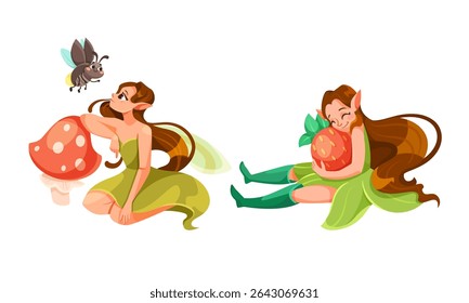 Delightful and whimsical fairies amidst enchanting mushrooms and vibrant berries delight the senses