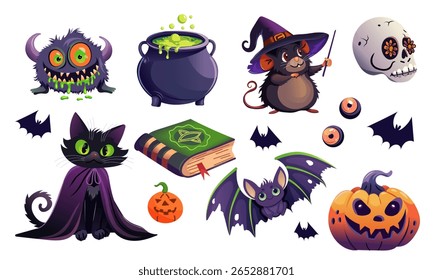 Delightful and whimsical Halloween illustrations featuring a variety of spooky characters and items