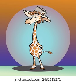 A delightful and whimsical illustration of a free-spirited giraffe cartoon character. The giraffe is seen standing tall, with long legs anda graceful neck, wearing a simple yet stylish hat