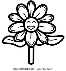 A delightful and whimsical line drawing of a flower with a joyful smiling face and playful petals.