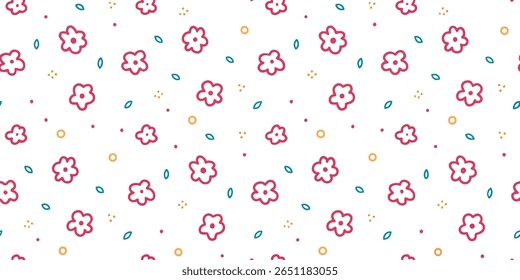 Um delicioso e caprichoso padrão sem emenda com flores simples, desenhadas à mão rosa com folhas cor de rosa e pequenos pontos amarelos e cor-de-rosa em um fundo branco brilhante.