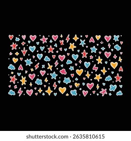 Delightful and whimsical, this seamless hand-drawn doodle pattern offers a vibrant and joyful aesthetic. Featuring hearts, stars, clouds, and lightning bolts alongside tiny dots, this colorful vector