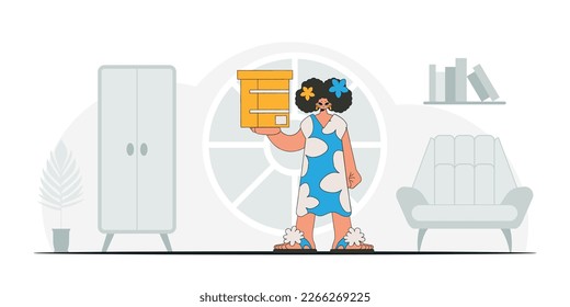 Delightful woman is holding a box.