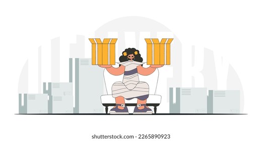 Delightful woman holding boxes in her hands. A painting depicting the distribution of packages and shipment of cargo.