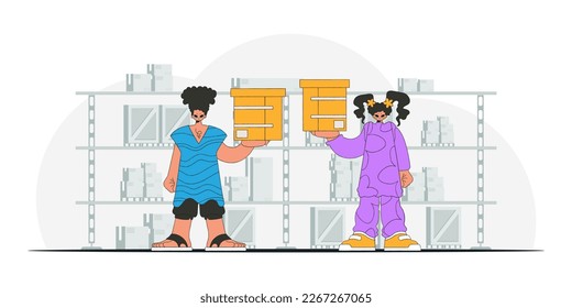 Delightful woman and man are holding boxes. Parcel delivery team. An art piece showcasing the conveyance of parcels and goods