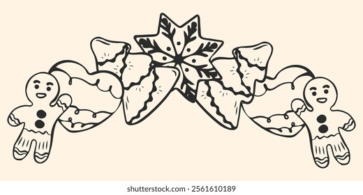 A delightful wreath made of gingerbread cookies shaped like snowflakes, hearts, and gingerbread people. The black white sketch design of the top frame with icing details is perfect for festive themes,