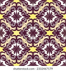 Delightful yellow background showcases a repeating fabric pattern resembling a bird, inspired by art nouveau style, creating a captivating and seamless design for various applications.