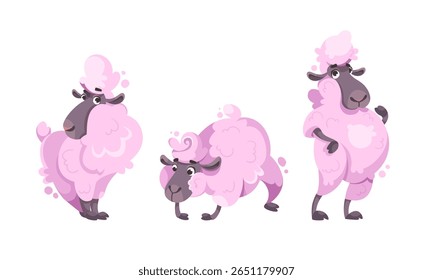Delightfully Charming Cartoon Pink Sheep Characters in Whimsical and Playful Poses and Actions