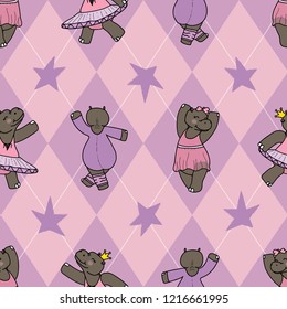 Delilah the dancing hippo seamless repeat pattern on an argyle background. Great for kids clothes, nursery room decore, wallpaper, and more.