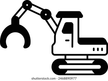 Entkalkung und Beladung Skidder-Konzept, steile Geländeschaufel Muschel-Greifer-Vektorgrafik-Ikone-Design, Holz- und Nutzholz-Symbol, Forst- und Entwaldungs-Zeichen, Waldbau und Waldland Stock-Illustration