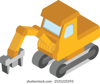 Abgrenzung und Belastung Skidder isometrisches Konzept, steiles Gelände Schaufel Muschel Greifvektor Symbol Design, Holz und Holz Symbol, Wald Entwaldung Produkte Schild, Mühlen Hof und Sägewerke Illustration