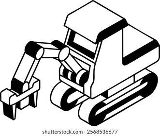 delimbing and loading Skidder isometric concept, steep terrain shovel clam grapple vector outline design, firewood or crafts Symbol, forest Deforestation products Sign,Lumberyard stock illustration