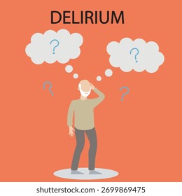 Ilustração do vetor de delirium mostrando confusão, agitação, problemas de memória, desorientação e alucinações; muitas vezes confundido com demência, psicose ou depressão grave.