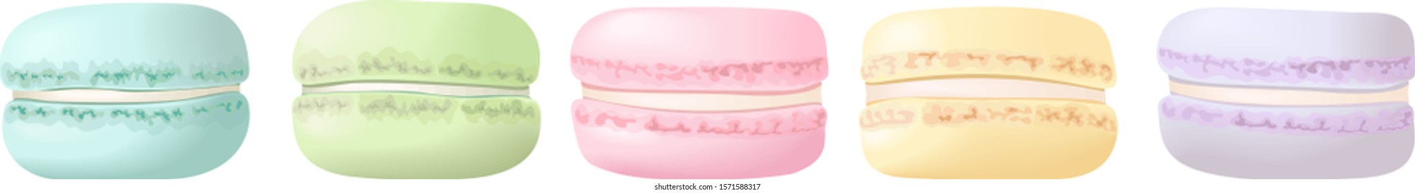 Delisious macaroons in a row set. Sweet almond french cakes macaron. Blue, rose, yellow, purple and green. Vector illustration. Culinary, pastry, cookie. For decoration, blog, web print label tag