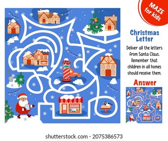 Deliver all letters from Santa Claus. Remember that children in all homes should receive them. Maze for kids. Full color hand drawing vector illustration.