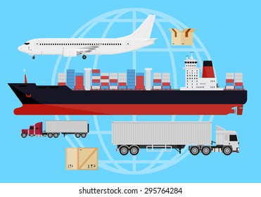 Deliver cargo web design icons. Shipping and delivery vehicles, trucks, aircraft and cargo ship on a blue background with a silhouette of the Earth.