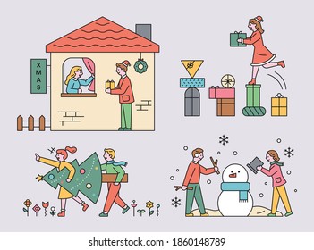 Deliver a Christmas Gift. Runs over the gift box. Go with the Christmas tree. Make a snowman together. flat design style minimal vector illustration.