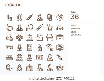 Entregue imágenes limpias con 36 iconos de Bold Line que reflejan Hospital, listos para la entrega de producción.