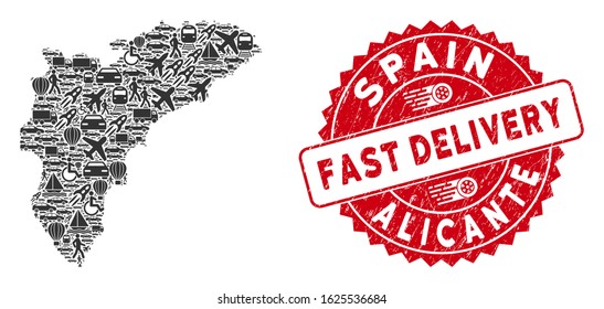 Deliver collage Alicante Province map and rubber stamp watermark with FAST DELIVERY badge. Alicante Province map collage created with gray scattered delivery icons.