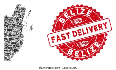 Deliver collage Belize map and grunge stamp seal with FAST DELIVERY text. Belize map collage constructed with gray random truck symbols. Red rounded FAST DELIVERY stamp with grunge texture.