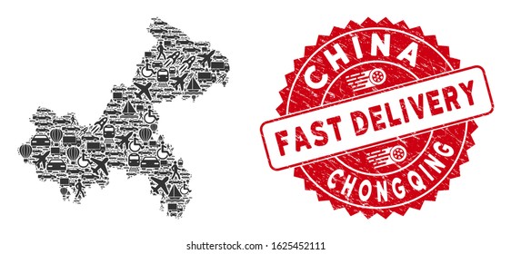 Deliver collage Chongqing City map and distressed stamp seal with FAST DELIVERY caption. Chongqing City map collage formed with gray random deliver icons.