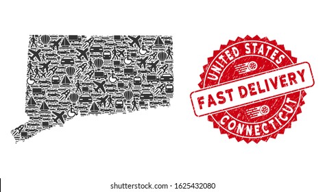 Deliver collage Connecticut State map and grunge stamp watermark with FAST DELIVERY caption. Connecticut State map collage created with gray randomized deliver elements.