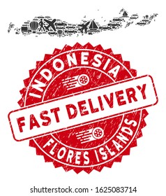 Deliver collage Flores Islands of Indonesia map and corroded stamp seal with FAST DELIVERY text. Flores Islands of Indonesia map collage created with grey random shipment items.