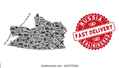 Deliver collage Kaliningrad Region map and corroded stamp seal with FAST DELIVERY message. Kaliningrad Region map collage composed with gray random delivery symbols.