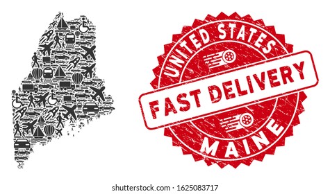 Deliver collage Maine State map and distressed stamp seal with FAST DELIVERY phrase. Maine State map collage formed with gray randomized automobile symbols.