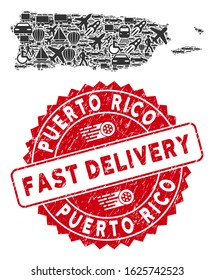 Deliver collage Puerto Rico map and rubber stamp seal with FAST DELIVERY phrase. Puerto Rico map collage composed with grey randomized delivery symbols.