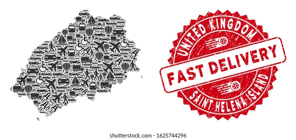 Deliver collage Saint Helena Island map and grunge stamp watermark with FAST DELIVERY caption. Saint Helena Island map collage created with grey scattered logistics elements.