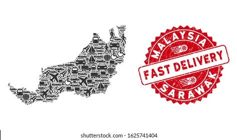 Deliver collage Sarawak State map and grunge stamp watermark with FAST DELIVERY badge. Sarawak State map collage composed with gray randomized logistics symbols.