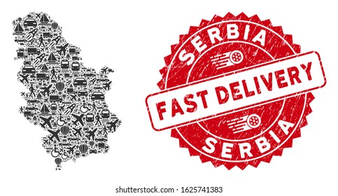 Deliver collage Serbia map and corroded stamp watermark with FAST DELIVERY words. Serbia map collage created with grey random deliver symbols. Red rounded FAST DELIVERY seal with grunge texture.