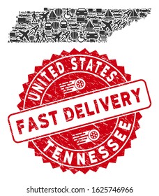 Deliver collage Tennessee State map and rubber stamp watermark with FAST DELIVERY message. Tennessee State map collage constructed with grey random automobile items.
