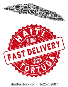 Deliver collage Tortuga Island of Haiti map and rubber stamp watermark with FAST DELIVERY caption. Tortuga Island of Haiti map collage created with gray scattered vehicle elements.