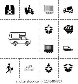 Deliver icon. collection of 13 deliver filled and outline icons such as concrete mixer, van, courier on motorcycle, cargo trailer. editable deliver icons for web and mobile.