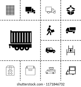 Deliver icon. collection of 13 deliver filled and outline icons such as courier, cargo trailer, van, box, delivery car. editable deliver icons for web and mobile.