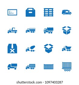 Deliver icon. collection of 16 deliver filled icons such as truck, box, van, cargo box, question box, parcel, concrete mixer. editable deliver icons for web and mobile.
