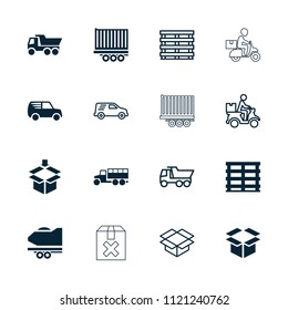Deliver icon. collection of 16 deliver filled and outline icons such as truck, cargo box, box, courier on motorcycle, delivery car. editable deliver icons for web and mobile.