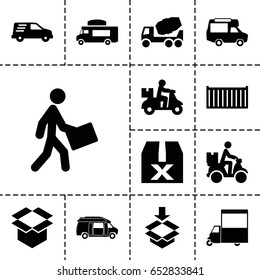 Deliver icon. set of 13 filled delivericons such as concrete mixer, van, cargo box, box, courier, courier on motorcycle, delivery car, question box
