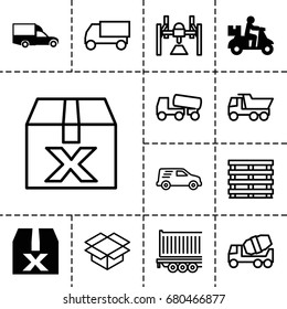 Deliver icon. set of 13 filled and outline deliver icons such as van, question box, concrete mixer, truck, cargo box, box, delivery car, cargo trailer