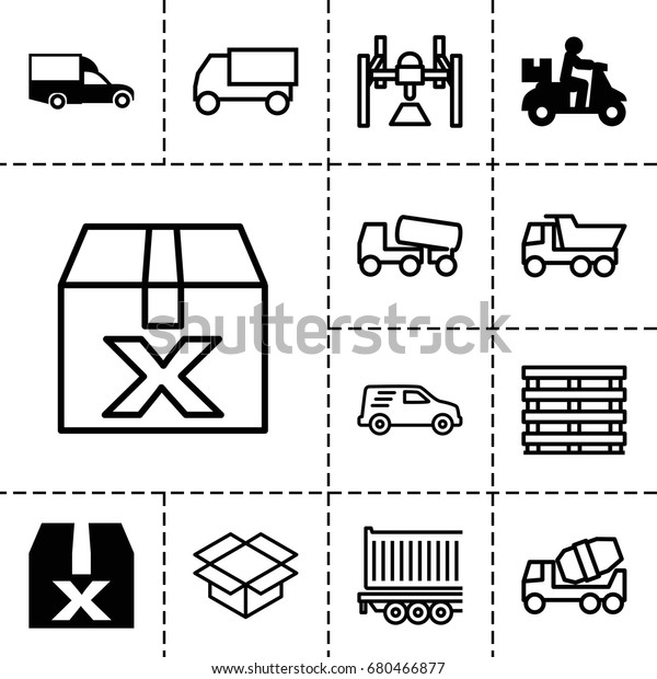 Deliver icon. set of 13 filled and outline\
deliver icons such as van, question box, concrete mixer, truck,\
cargo box, box, delivery car, cargo\
trailer