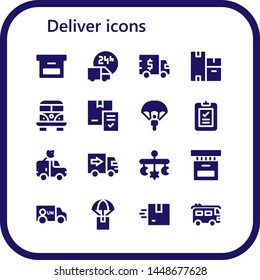 deliver icon set. 16 filled deliver icons.  Collection Of - Box, Delivery truck, Truck, Boxes, Van, Delivery, Parachute, Mobile