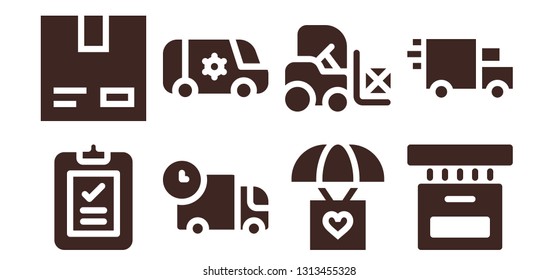 deliver icon set. 8 filled deliver icons.  Collection Of - Delivery, Cardboard, Truck, Van, Parachute, Forklift, Box, Delivery truck