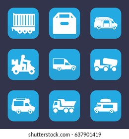 Deliver icon. set of 9 filled deliver icons such as truck, concrete mixer, van, cargo trailer, box